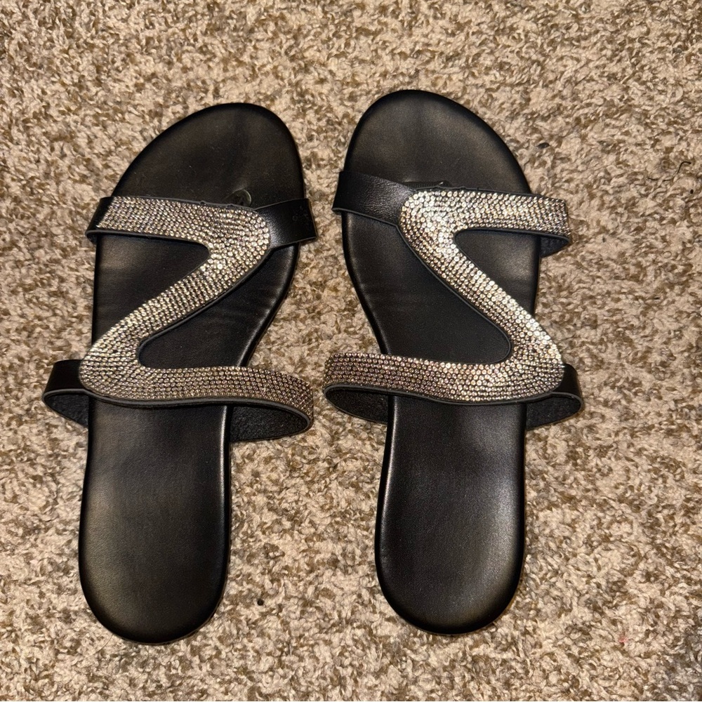 SHEIN Black and Silver Slide Sandals with Z-Strap Design
